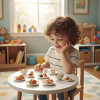 Child sitting at a small table examining tiny miniature food collectibles arranged in front of them