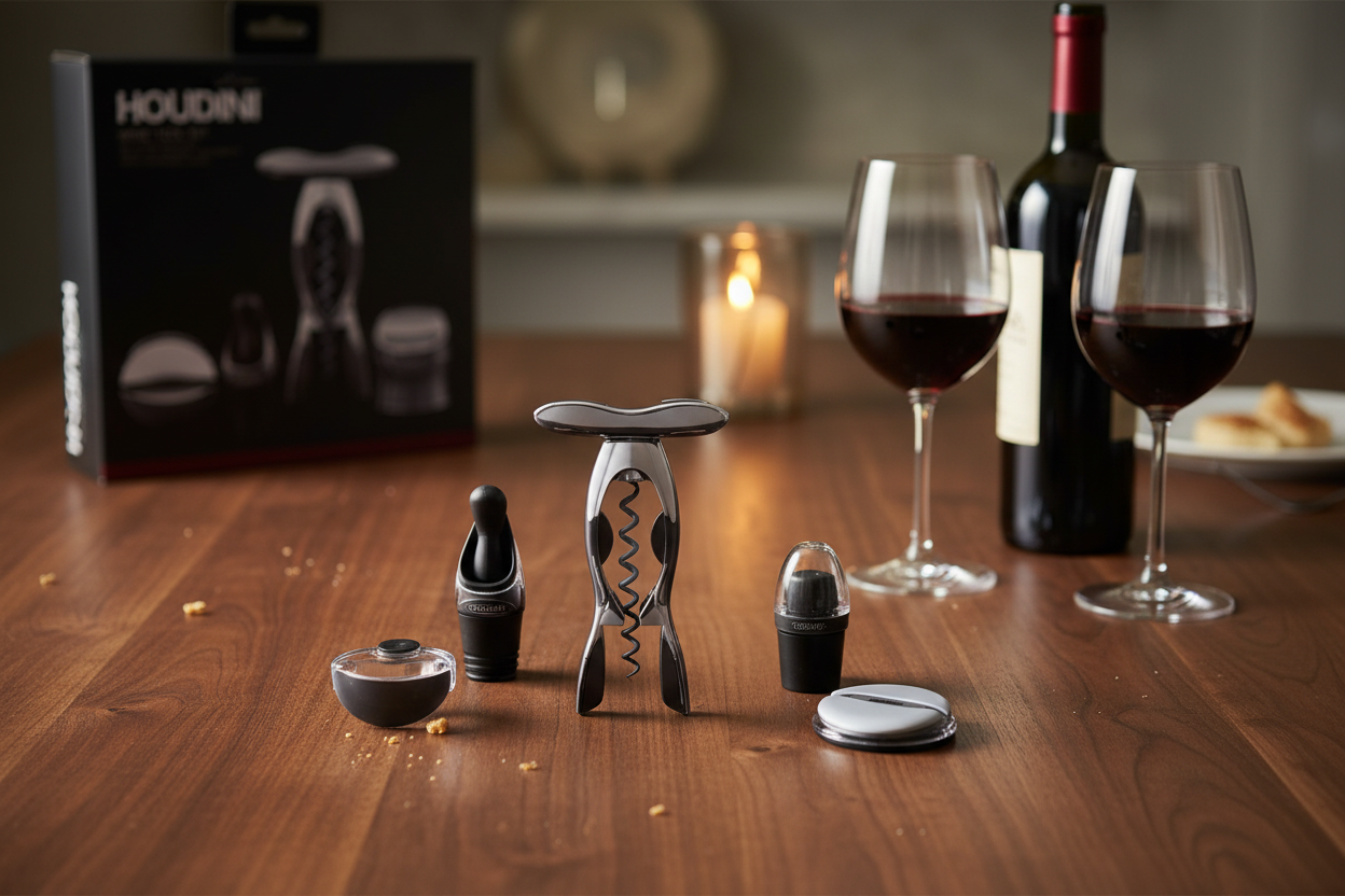 Houdini Wine Tool Kit 4-Piece Set all tools arranged on walnut wood with red wine and glasses - More4less Outlet