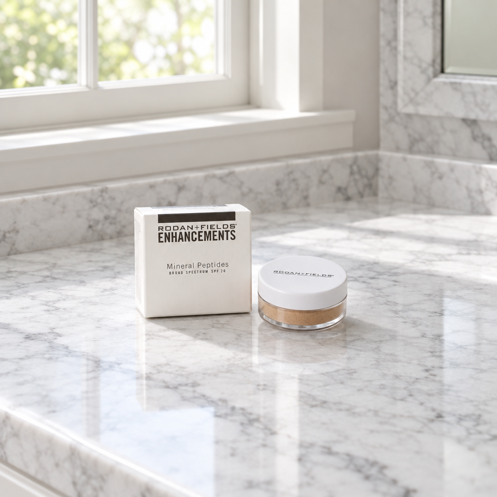Rodan + Fields Enhancements Mineral Peptides box and jar on a marble bathroom vanity