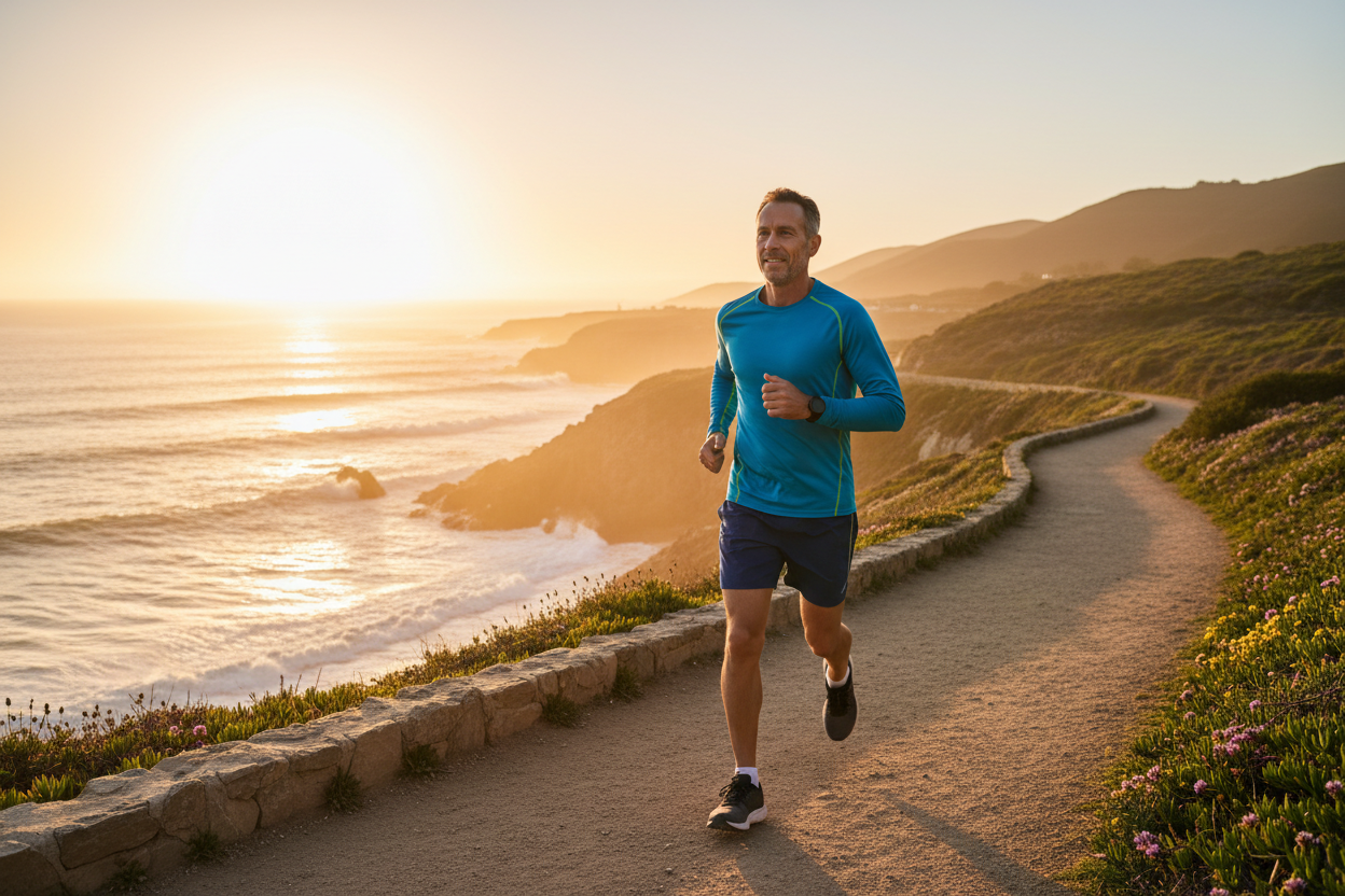 Active man jogging along a scenic coastal path at sunrise, cardiovascular health lifestyle photography
