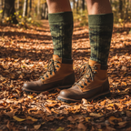 Realtree merino wool blend crew socks worn with hunting boots on forest trail — More4less Outlet