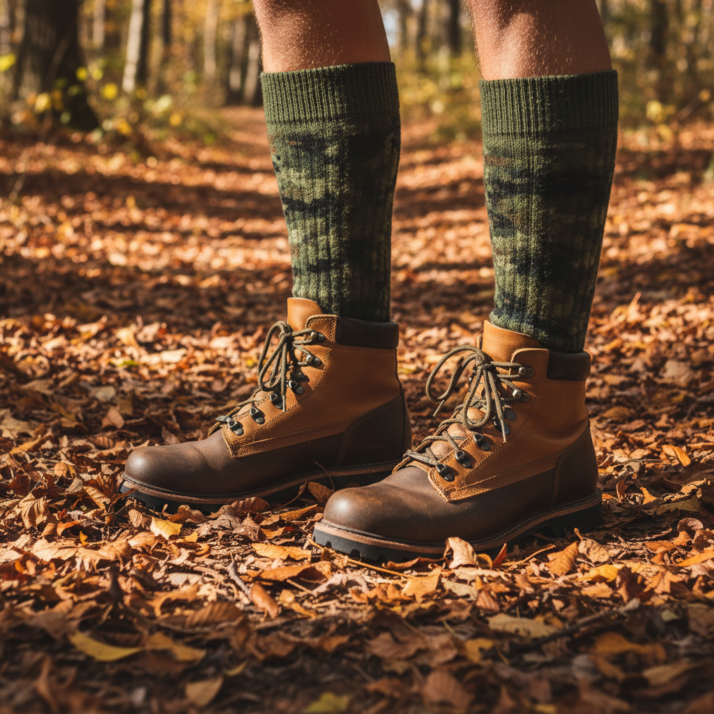 Realtree merino wool blend crew socks worn with hunting boots on forest trail — More4less Outlet