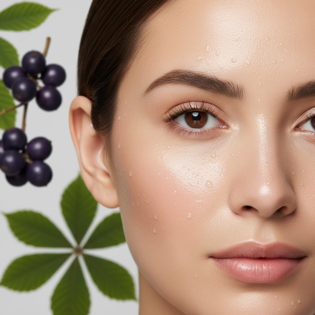 Close-up of radiant, plump, hydrated skin after a face mask treatment with botanical ingredients in background