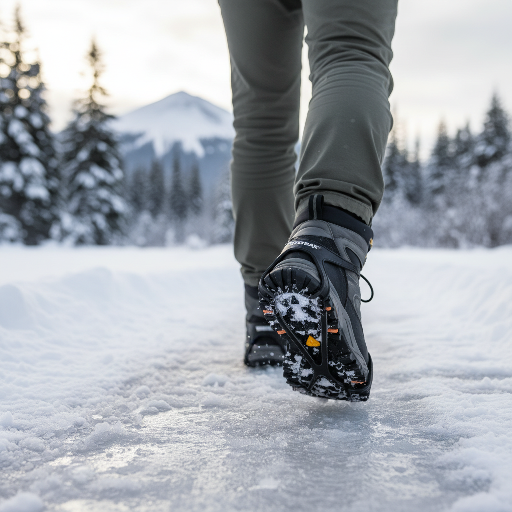 Yaktrax Winter Trax black spikeless traction cleats worn on winter boots walking on packed snow and ice outdoors – More4less Outlet