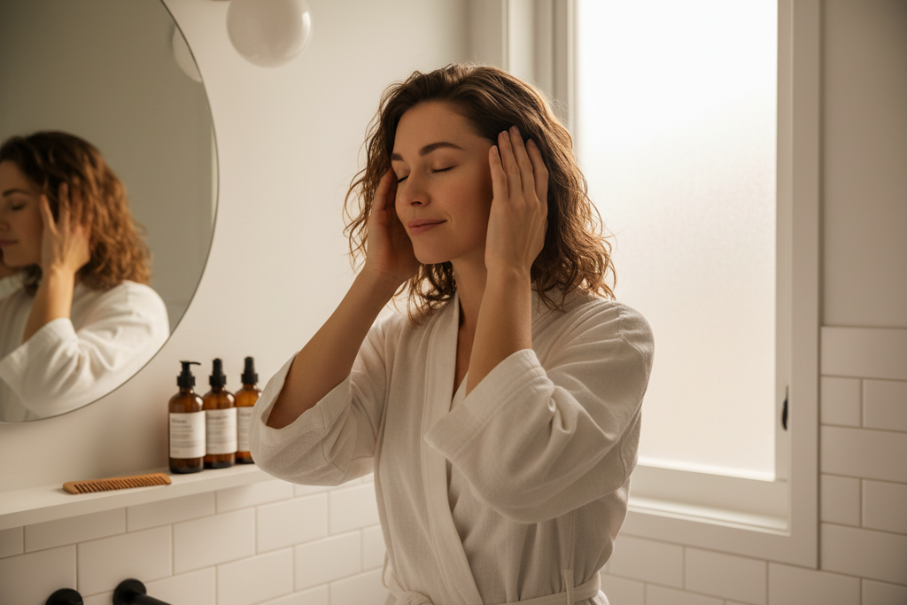 Woman gently massaging scalp with fingertips in clean bright bathroom hair care routine lifestyle photo