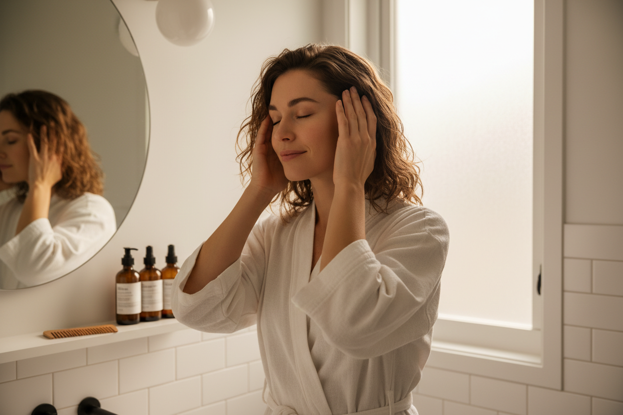 Woman gently massaging scalp with fingertips in clean bright bathroom hair care routine lifestyle photo