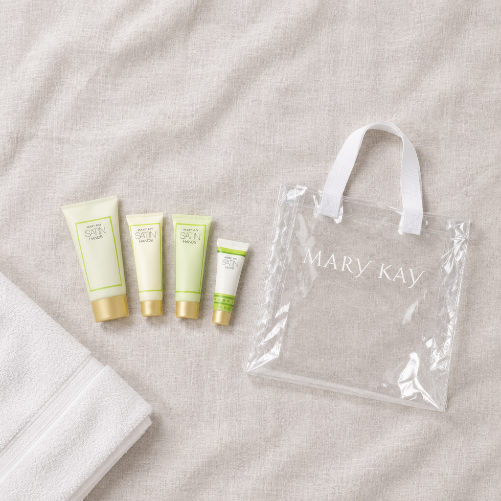 Flat lay of Mary Kay Satin Hands travel tubes beside clear Mary Kay tote and towel