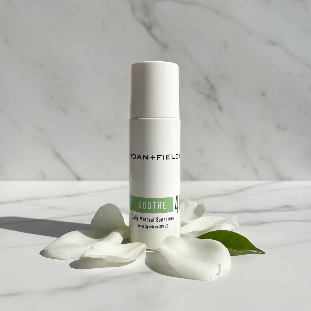 Rodan + Fields SOOTHE Daily Mineral Sunscreen SPF 30 on marble surface with white flower petals.