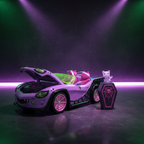 Purple Monster High Ghoul Mobile toy car with open coffin trunk showing coffin cooler and ghost pet figure under purple and green neon lighting.