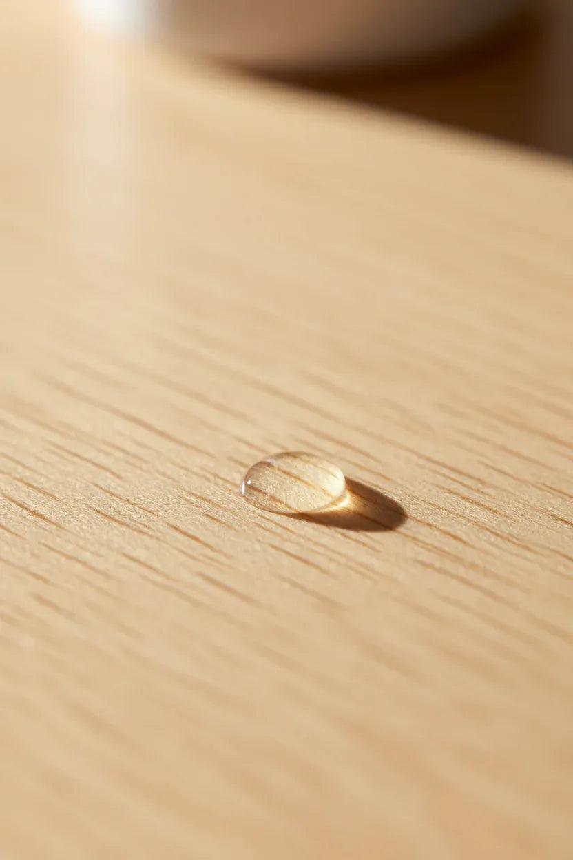 Detail shot of a clear liquid moisture drop being absorbed into smooth light wood surface in warm natural lighting