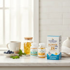 Clean organized healthy morning routine featuring dietary supplement bottles on natural bright white marble surface