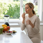 Woman taking an omega-3 softgel supplement with a glass of water at a bright kitchen counter