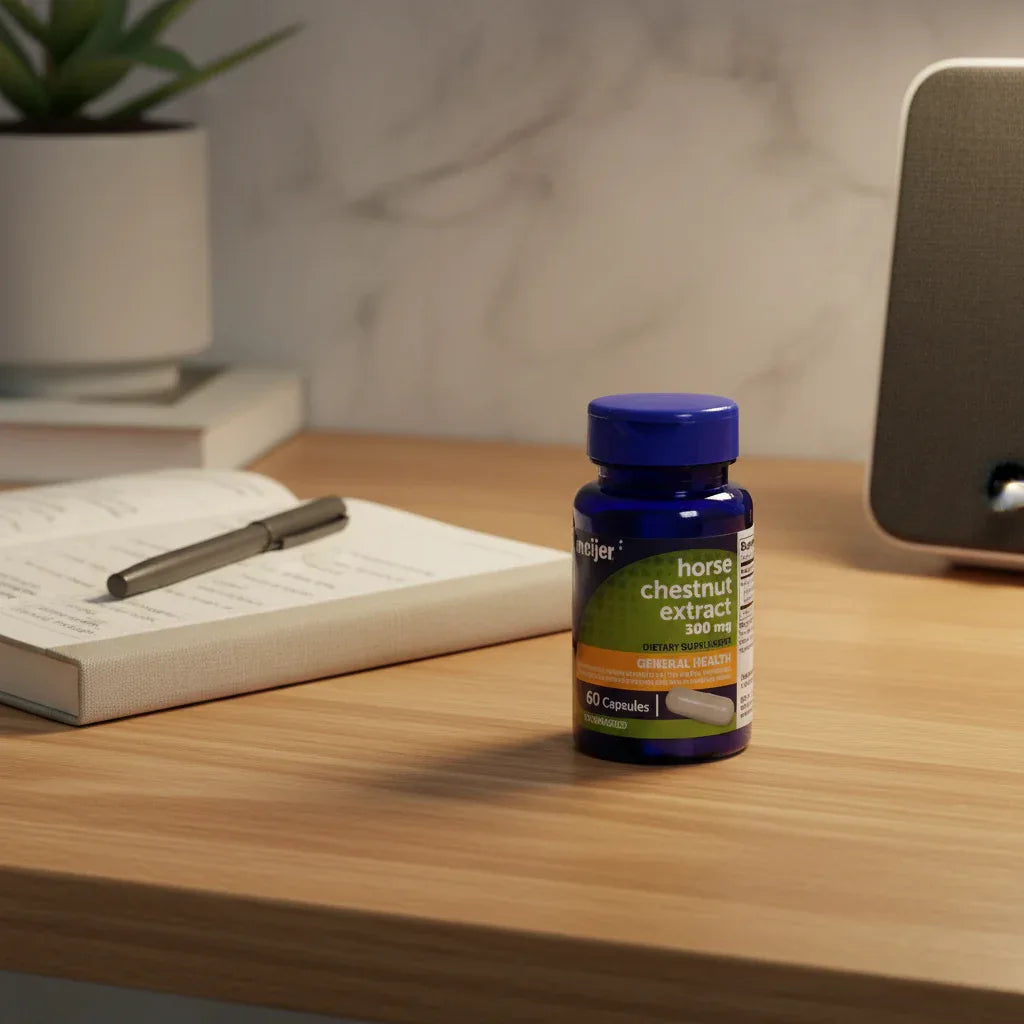 Meijer Horse Chestnut Extract 300mg bottle on oak home office desk with wellness journal and desktop speaker