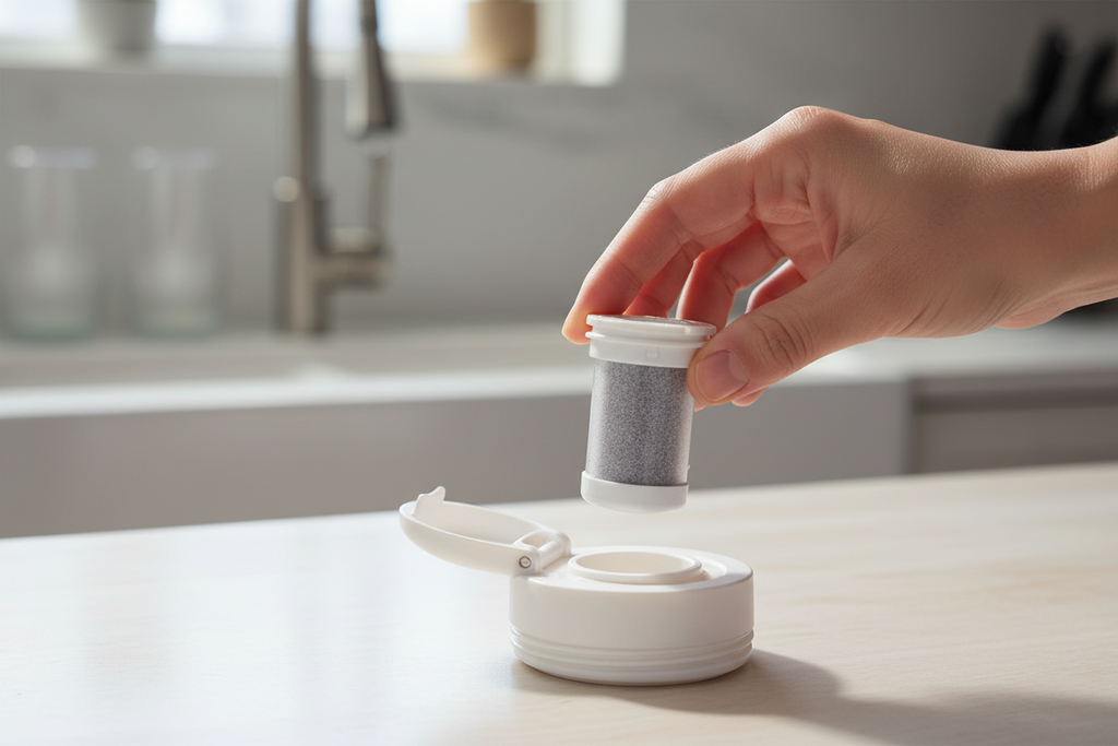 Contigo Clybourn replacement filter cartridge being inserted into water bottle lid on kitchen counter