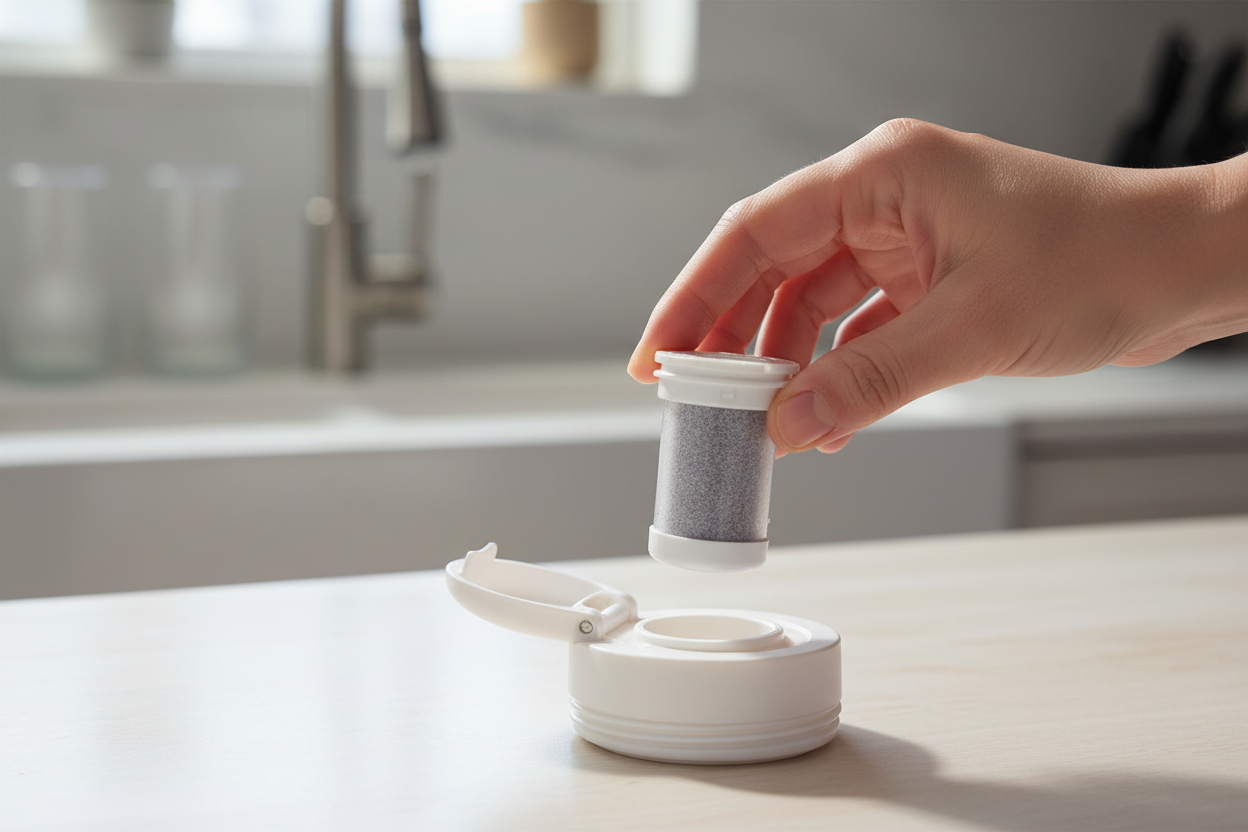 Contigo Clybourn replacement filter cartridge being inserted into water bottle lid on kitchen counter