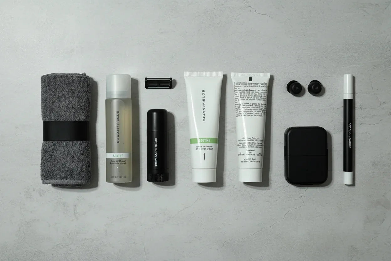 Minimalist toiletry kit flat lay on neutral stone surface featuring travel-sized skincare tubes