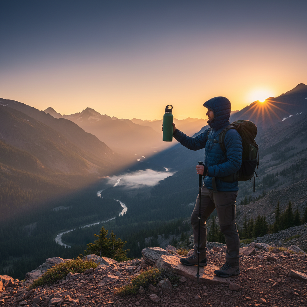Hiker holding matte dark green 32 oz stainless steel water bottle on scenic mountain summit at sunrise