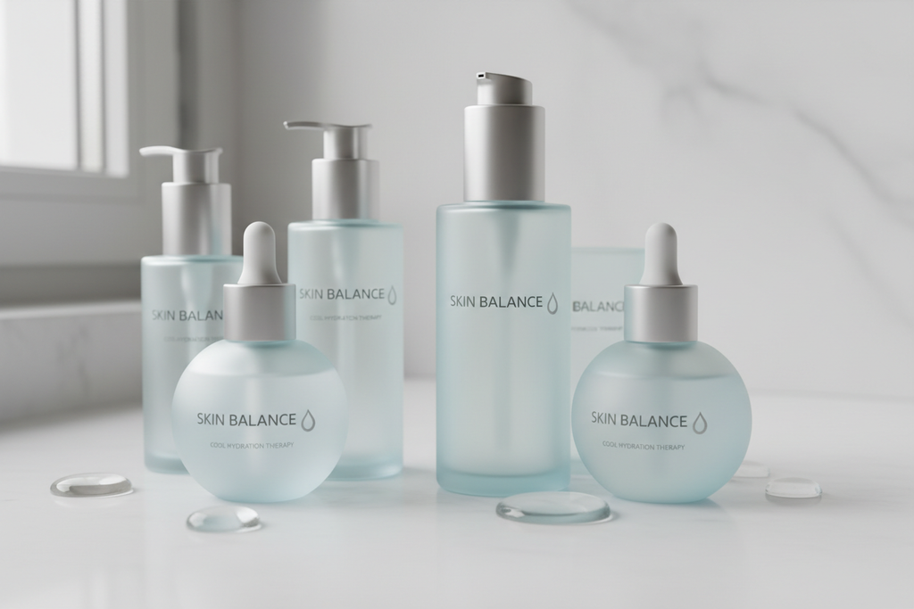 Cooling hydration aesthetic with clear liquid droplets on smooth neutral surfaces representing ZO Medical Balatone toner