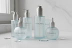 Cooling hydration aesthetic with clear liquid droplets on smooth neutral surfaces representing ZO Medical Balatone toner