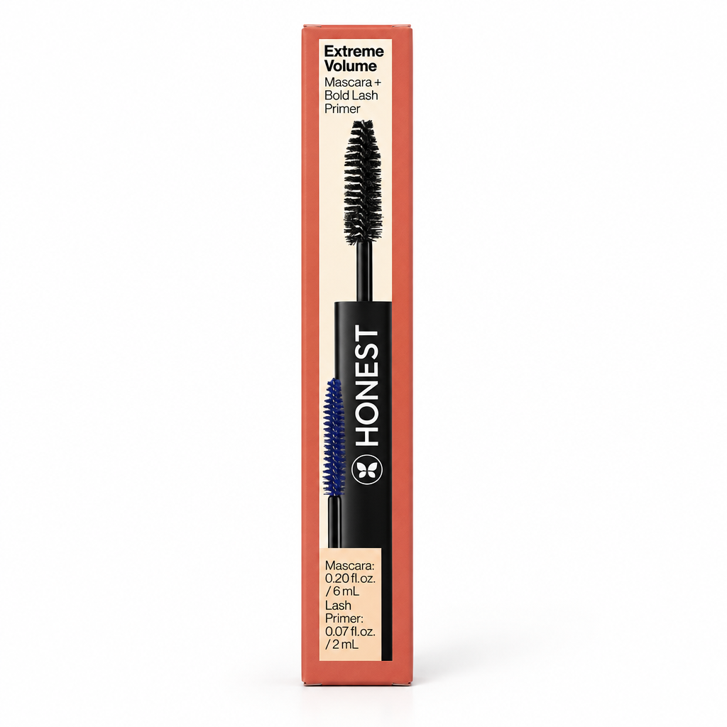 Honest Beauty Extreme Volume Mascara and Bold Lash Primer box, studio product shot