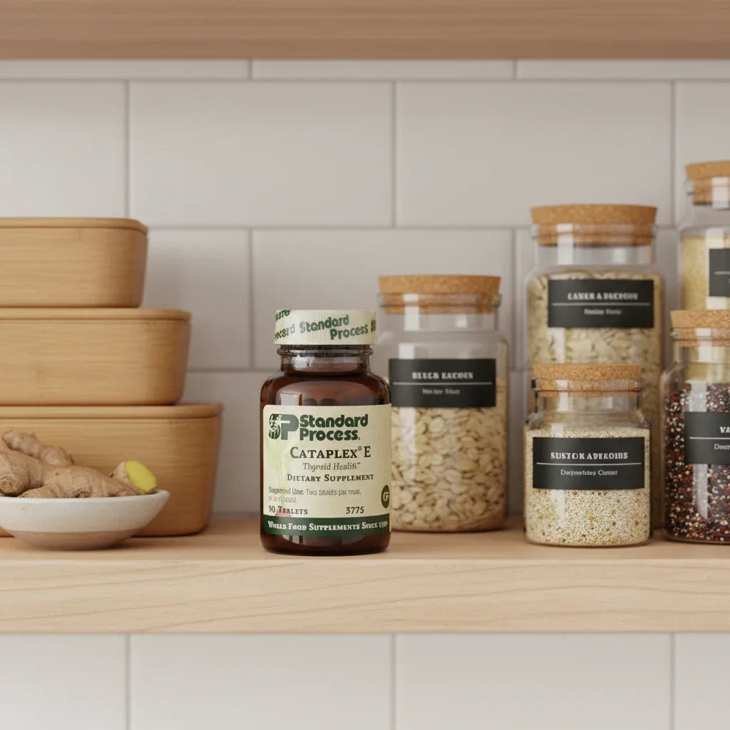 Standard Process Cataplex E vitamin supplement organized in high-end health pantry shelf with whole-food storage jars