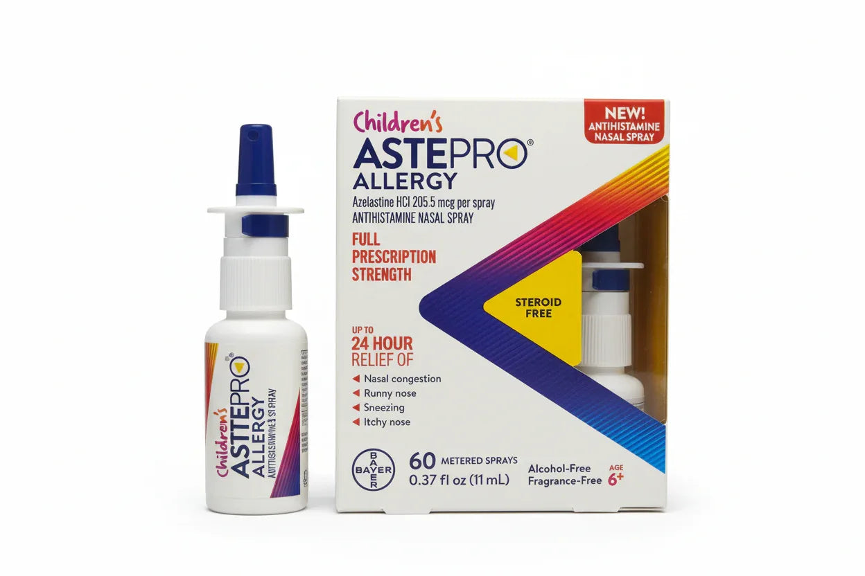 Studio photography of Children's ASTEPRO Allergy nasal spray bottle and retail carton on white background