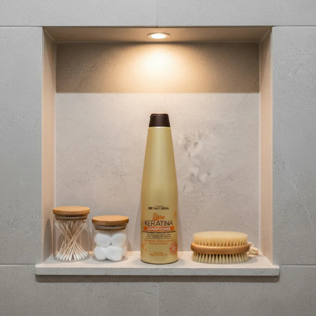Be Natural Lisso Keratina Conditioner champagne gold bottle inside aesthetic stone shower niche with wooden scrub brush and clear glass bath canisters