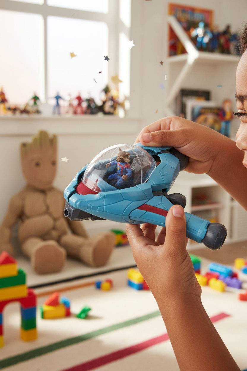 Child playing with Marvel Guardians of the Galaxy 2-in-1 Spaceship toy with Rocket figure in cockpit — More4less Outlet