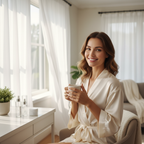 Confident woman with visibly bright, smooth, radiant skin smiling in soft natural window light