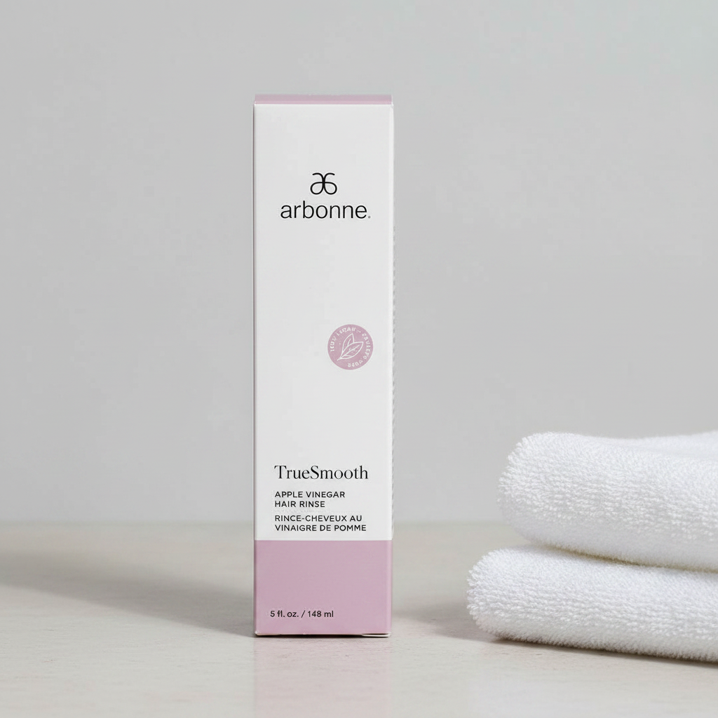 Arbonne TrueSmooth Apple Vinegar Hair Rinse 5 fl oz package in a minimal neutral hair-care setting