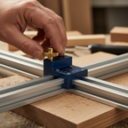 Woodworker's hand turning the brass thumb wheel on a blue Kreg micro-adjuster mounted to a band saw fence rail – warm workshop lighting