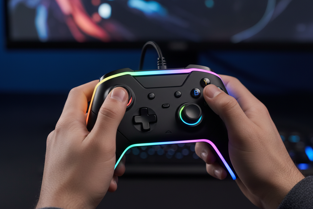 Close-up of hands gripping PowerA Spectra black wired game controller with glowing 8-color LED edge lighting and anti-friction analog stick rings visible