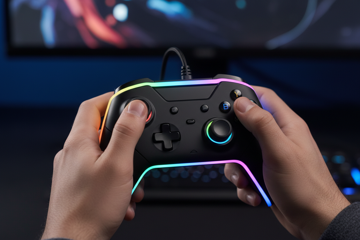 Close-up of hands gripping PowerA Spectra black wired game controller with glowing 8-color LED edge lighting and anti-friction analog stick rings visible