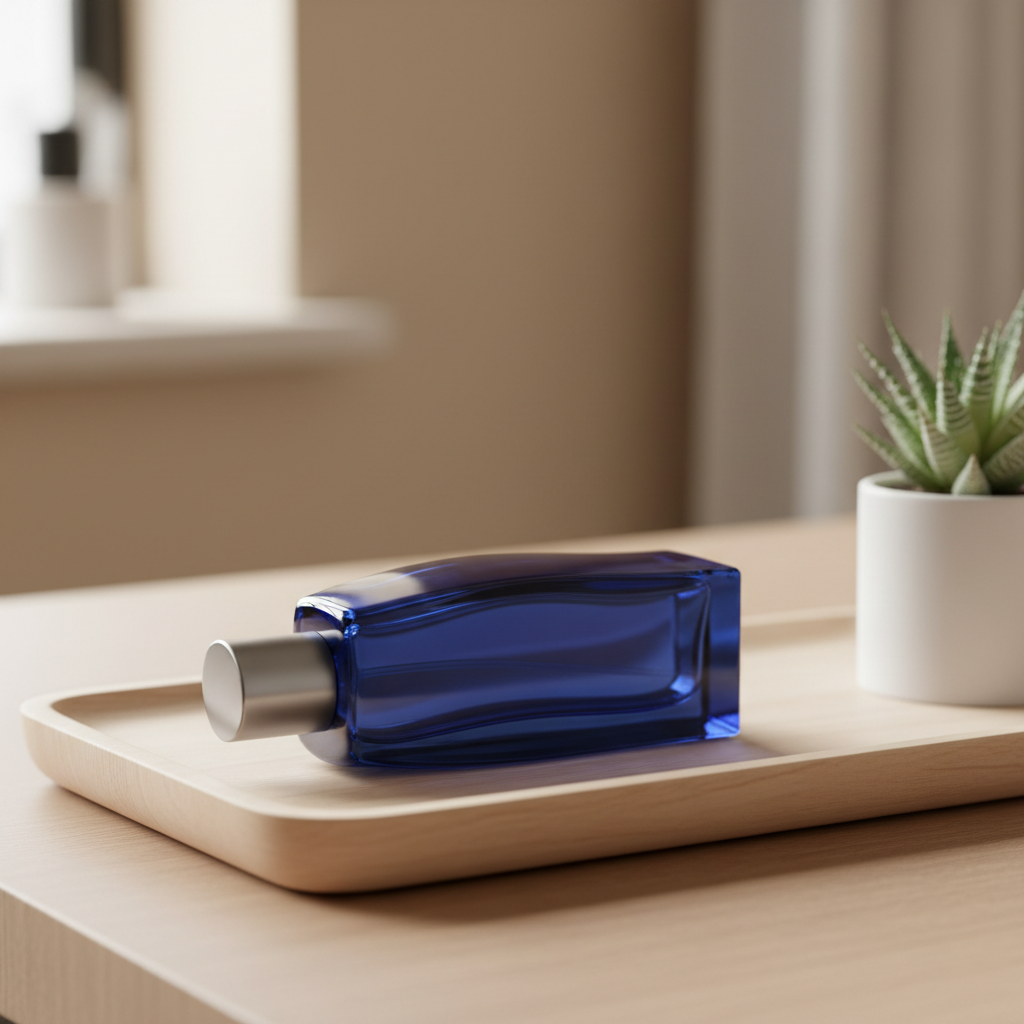 Sleek blue fragrance bottle on wooden vanity tray beside succulent plant