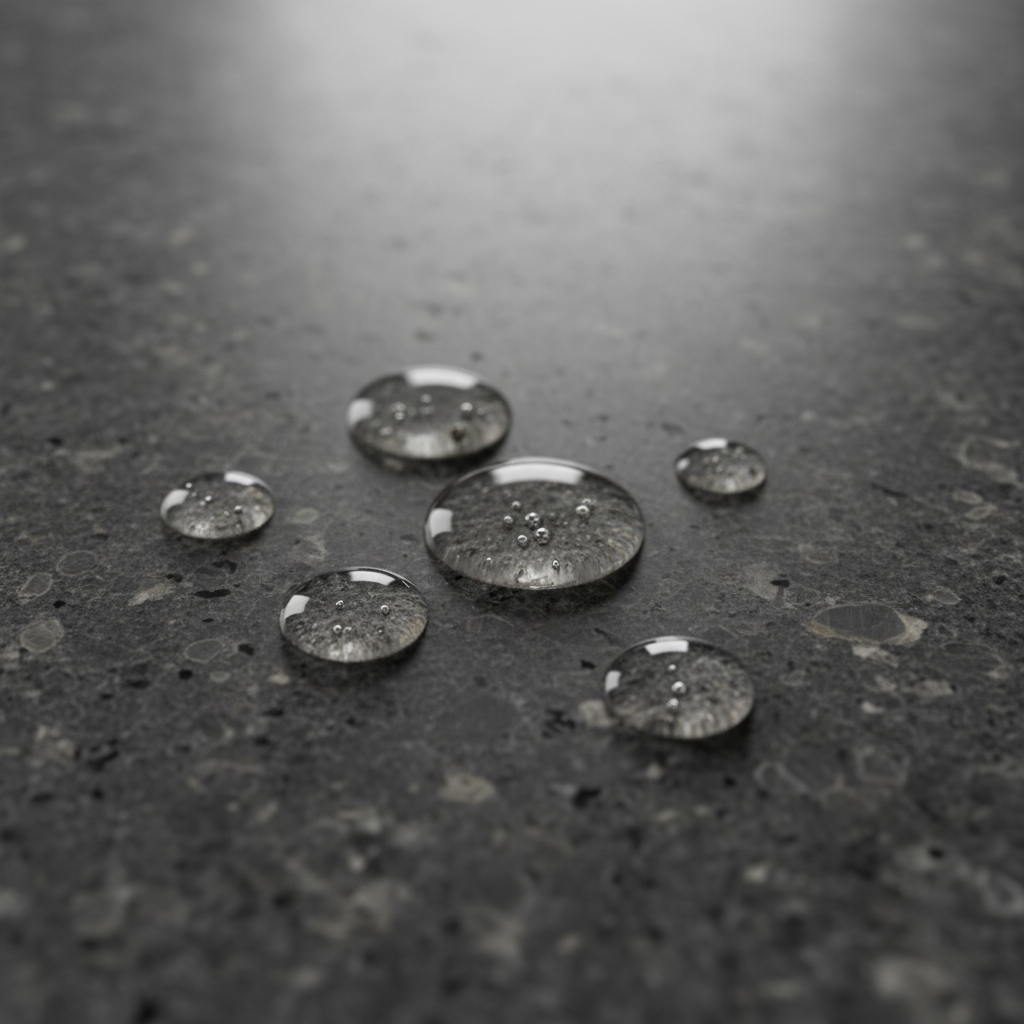 Close-up of deeply hydrating lotion drops glistening on clean dark granite bathroom tile