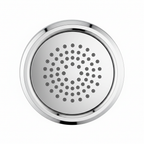 Close-up detail of Moen Dartmoor polished chrome shower head spray face dot pattern on white background