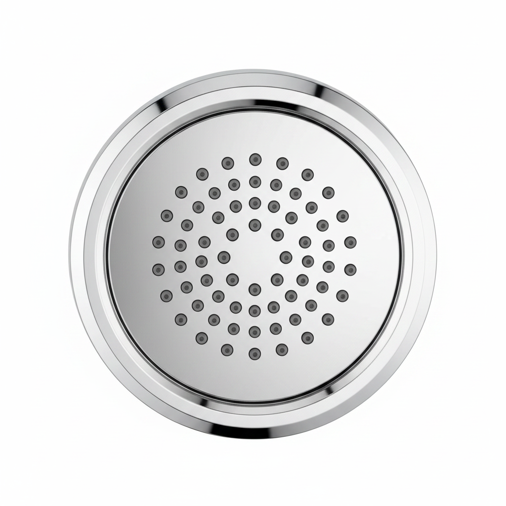 Close-up detail of Moen Dartmoor polished chrome shower head spray face dot pattern on white background