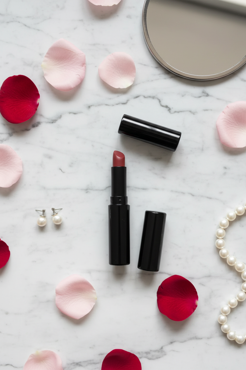 Flat lay of sleek black lipstick tube on white marble vanity with rose petals and pearl jewelry – editorial beauty photography