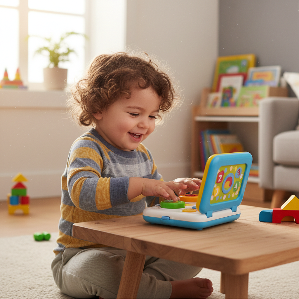 Young child sitting at a small wooden table pressing keys on a colorful toy laptop