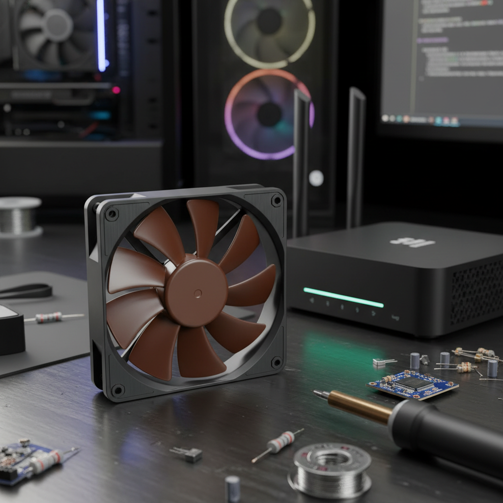 Premium 40x20mm PC cooling fan with brown blades on dark tech workbench next to network router and small electronics enthusiast hardware lifestyle