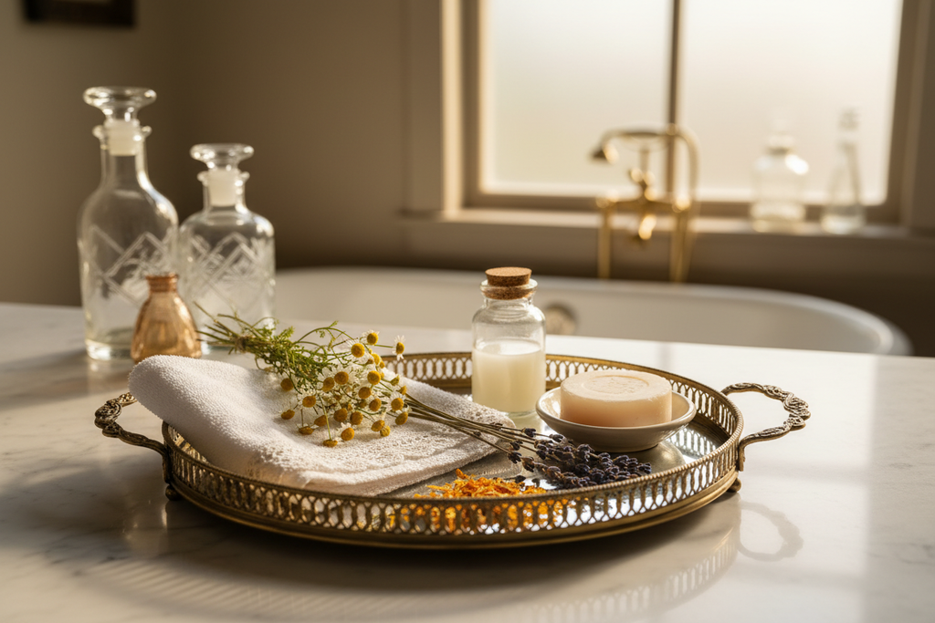 Elegant vintage bathroom vanity tray with chamomile lavender and calendula botanicals - luxury bath lifestyle