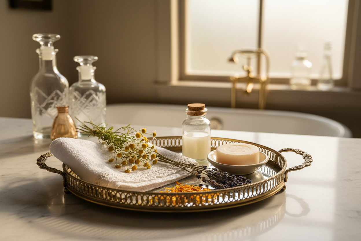 Elegant vintage bathroom vanity tray with chamomile lavender and calendula botanicals - luxury bath lifestyle