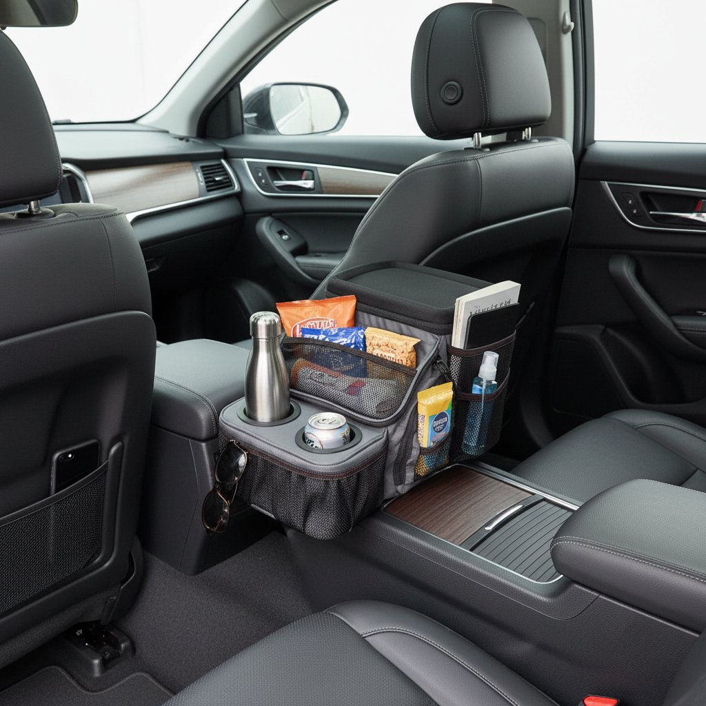 Auto Drive black car console organizer open showing large center storage bin with snacks and travel items two cup holders with drinks and mesh pockets with phone and sunglasses
