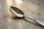Dappled warm light reflecting off a mirror-finish silver spoon on a white marble surface in soft golden natural lighting