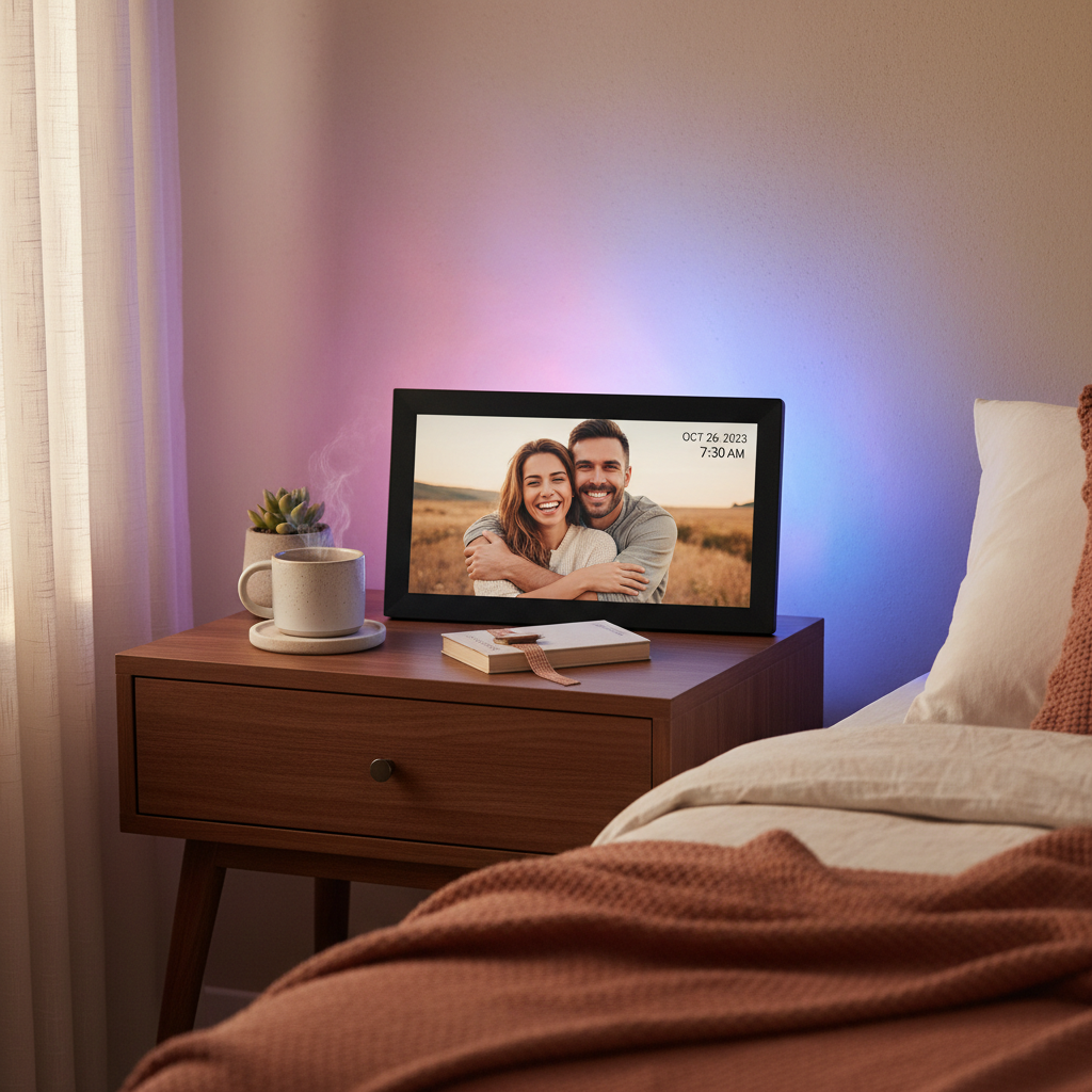 7 inch WiFi smart digital photo frame on bedroom nightstand displaying couple photo with soft colorful RGB LED ambient glow cozy home decor lifestyle