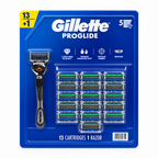 Gillette ProGlide razor value pack with FlexBall handle and 13 cartridges on a white background