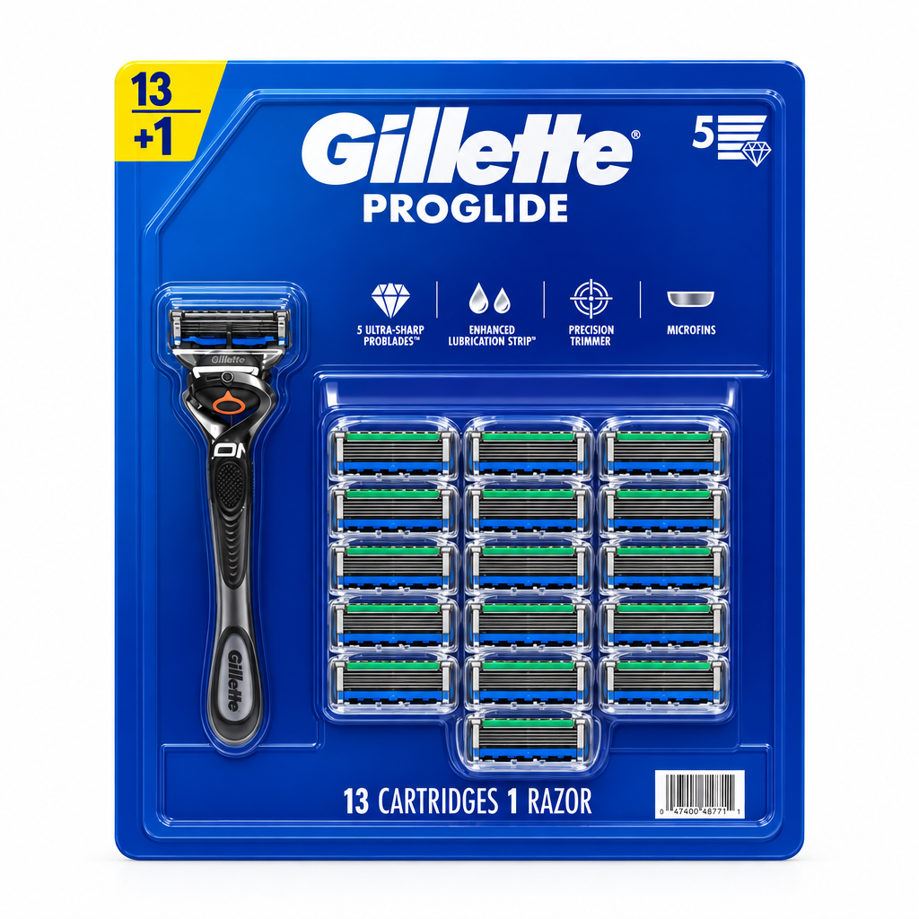 Gillette ProGlide razor value pack with FlexBall handle and 13 cartridges on a white background