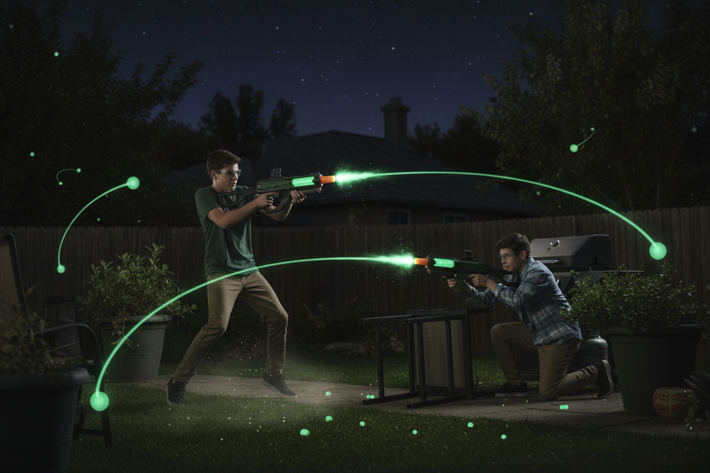 Two teenagers in nighttime gel blaster battle with glowing green Nerf Gelfire rounds flying through the air — More4less Outlet