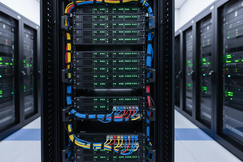 Professional data center server rack with green LED status lights and organized cable routing