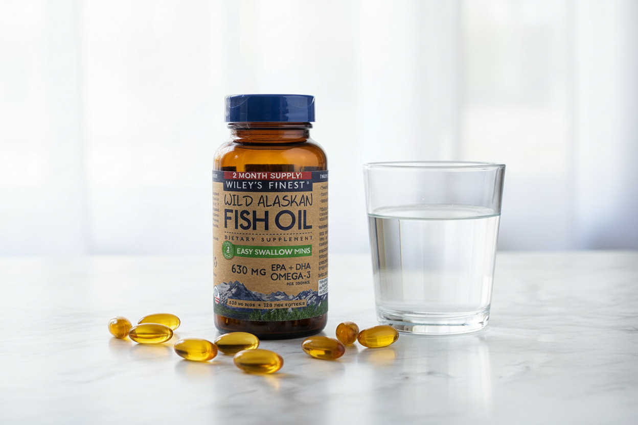 Wiley's Finest Easy Swallow Minis fish oil bottle on white marble with softgel capsules and water glass – More4less Outlet